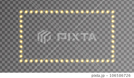 Light gold frame. Glitter luxury decoration. Golden bulb border. Lamp rectangle banner. Retro neon wall billboard. Cinema, casino design. Mirror background. Vector illustration 106586726