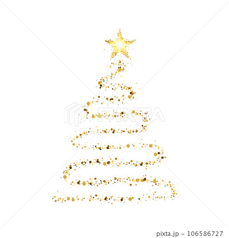 Christmas glitter tree. Gold xmas tree with shining star. Happy New Year card. Neon light garland. Celebration banner. Luxury winter design. Magic golden dust. Twinkle fairy bulb. Vector illustration 106586727