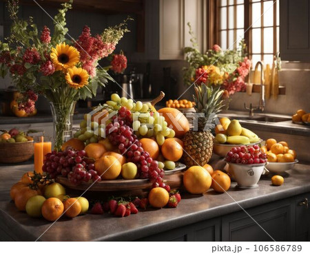 Still life with flowers and fruits in retro style. 106586789