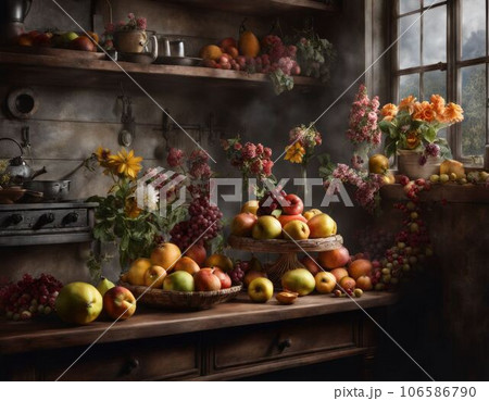 Still life with flowers and fruits in retro style. 106586790