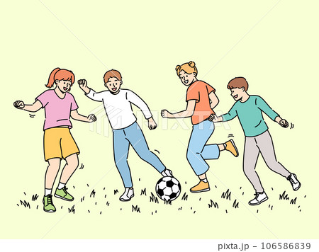 Happy children play football, enjoy summer holidays and running on lawn and kicking football ball 106586839