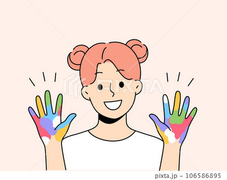 Little artist girl shows colorful palms painted with watercolors, offering to painting together 106586895