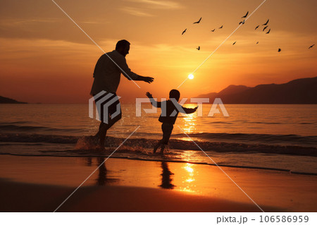 Father and son silhouettes at sunset beach. Generative AI 106586959
