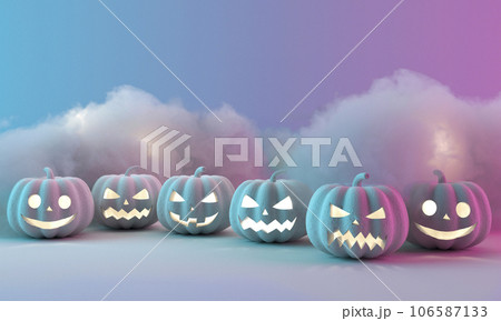Many Halloween Pumpkins in a row on color background. 3d rendering Many Halloween Pumpkins in a row on color background. 3d rendering 106587133