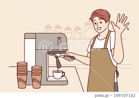 Man barista waves hand and prepares delicious cappuccino for coffeeshop visitors 106587182