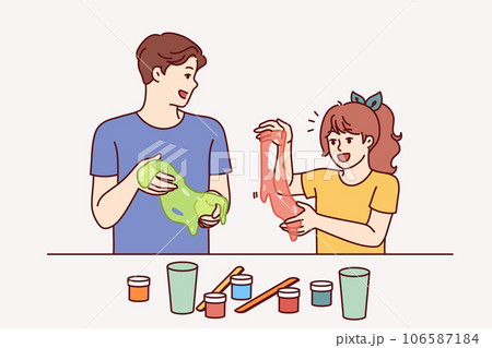 Father and daughter conduct chemical experiments holding and playing with slime. 106587184