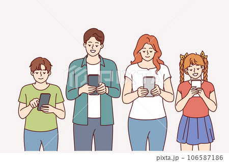 Enthusiastic family with mobile phones in hands stand in row and refuse real communication Enthusiastic family with mobile phones in hands stand in row and refuse real communication 106587186