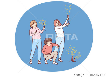 Happy kids burning fireworks Happy kids burning fireworks 106587187