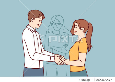 Jealous woman follows couple in love holding hands, chasing traitor ex-boyfriend Jealous woman follows couple in love holding hands, chasing traitor ex-boyfriend 106587237