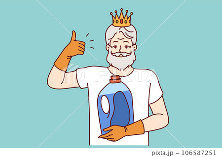 Older man holds bottle of detergent and gives thumbs up, recommending quality liquid fabric softener 106587251