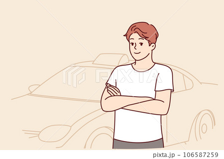 Man stands near taxi car and crosses arms, posing before long trip to work or home. 106587259
