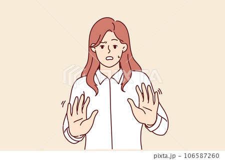 Frightened businesswoman makes stop gesture and experiences panic attack due to news economic crisis 106587260