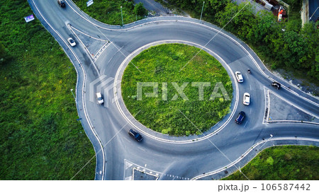 Bus depot red buses top-down view aerial drone shot 106587442