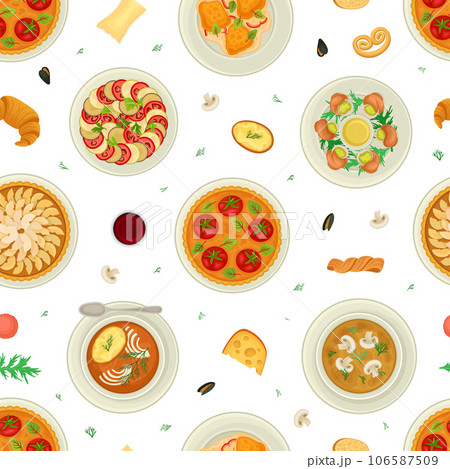 French Cuisine Seamless Pattern Design with Tasty Dish Top View Vector Template 106587509