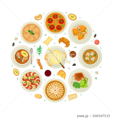 French Cuisine Round Composition Design with Tasty Dish Top View Vector Template French Cuisine Round Composition Design with Tasty Dish Top View Vector Template 106587515