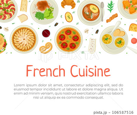 French Cuisine Banner Design with Tasty Dish Top View Vector Template 106587516