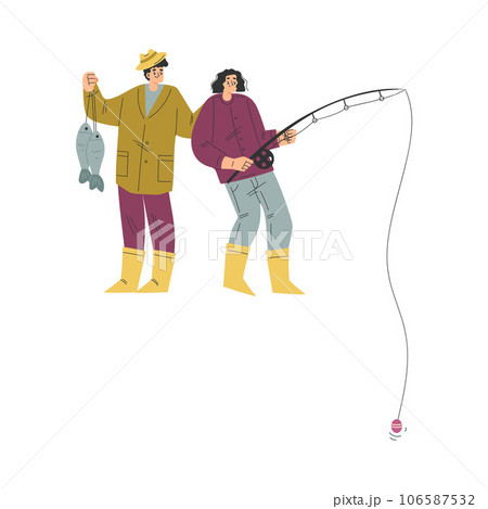 Man and Woman Fishing with Rod on Lake Vector Illustration 106587532