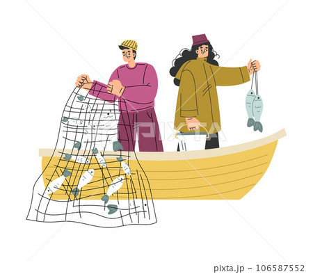 Man and Woman Fishing with Net on Lake Sailing in Boat Vector Illustration Man and Woman Fishing with Net on Lake Sailing in Boat Vector Illustration 106587552