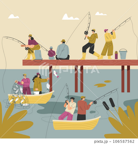People Characters Fishing with Rod on Lake Sailing Boat Vector Illustration 106587562
