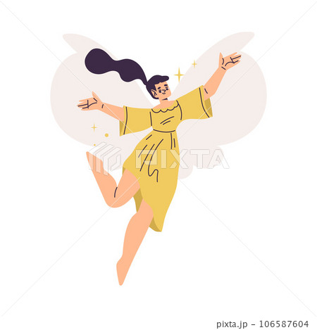 Beautiful Woman Fairy with Wings in Yellow Dress Fluttering Around Vector Illustration Beautiful Woman Fairy with Wings in Yellow Dress Fluttering Around Vector Illustration 106587604