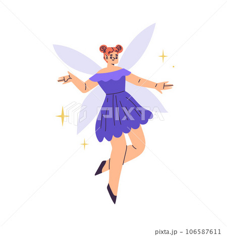 Beautiful Woman Fairy with Wings in Purple Dress Fluttering Around Vector Illustration 106587611