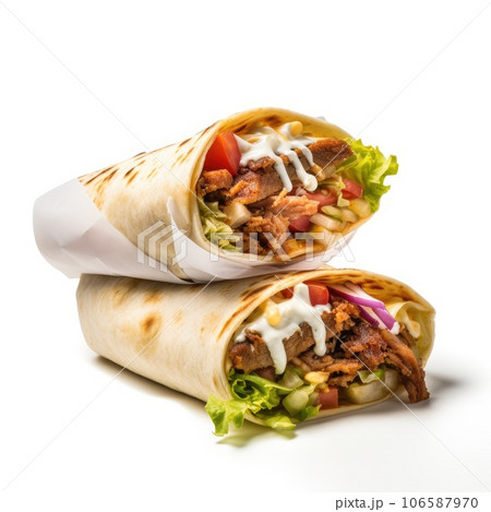 Tortilla wraps with meat, bacon, salad and mayonnaise Tortilla wraps with meat, bacon, salad and mayonnaise 106587970