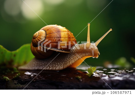 Macro shot of a snail on the grass after the rain Macro shot of a snail on the grass after the rain 106587971