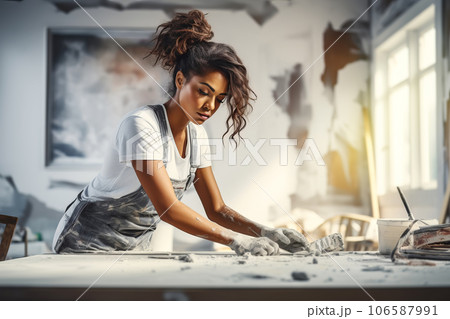 Beautiful multiracial house painter female creates decorative elements in renovation room. 106587991