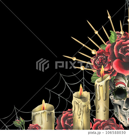 Human skull with an ornament, red roses in a golden crown, candles, cobwebs. Hand drawn watercolor illustration for Halloween, day of the dead, Dia de los muertos. Template, frame on black background 106588030