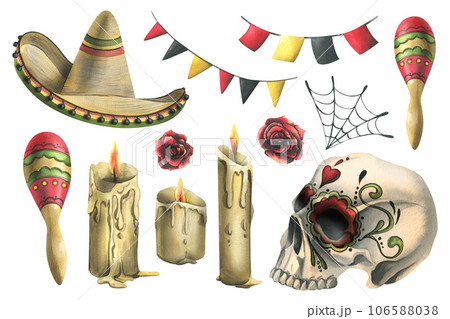 Human skull with drawn ornament with sombrero hat, maracas, candles, flag garlands. Hand drawn watercolor illustration for Halloween, day of the dead, Dia de los muertos. Set of isolated elements. Human skull with drawn ornament with sombrero hat, maracas, candles, flag garlands. Hand drawn watercolor illustration for Halloween, day of the dead, Dia de los muertos. Set of isolated elements. 106588038