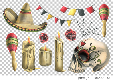 Human skull with drawn ornament with sombrero hat, maracas, candles, flag garlands. Hand drawn watercolor illustration for Halloween, day of the dead, Dia de los muertos. Set of isolated elements. 106588038