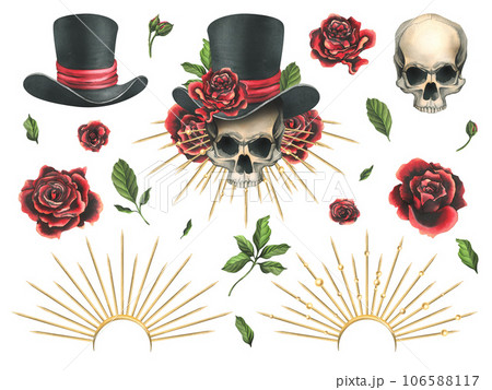 Human skull in a top hat with red roses, a golden crown with rays. Hand drawn watercolor illustration for day of the dead, halloween, Dia de los muertos. Set of isolated elements on a white background Human skull in a top hat with red roses, a golden crown with rays. Hand drawn watercolor illustration for day of the dead, halloween, Dia de los muertos. Set of isolated elements on a white background 106588117