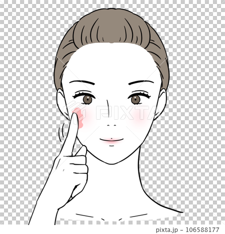 Beauty Front-faced woman applying cosmetics with index finger Makeup sample Skin care 106588177