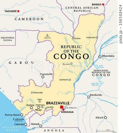 Republic of the Congo, political map. Also known as the Congo, is a country located on the western coast of Central Africa, to the west of the Congo River, with the capital Brazzaville. Vector. 106588424