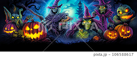 Halloween background with pumpkins, witch, bats and ghosts. Selective focus. Generative AI Halloween background with pumpkins, witch, bats and ghosts. Selective focus. Generative AI 106588617
