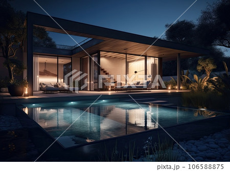 Design house - modern villa with open plan living and private bedroom wing. Large terrace with privacy and, swimming pool. Generative AI. 106588875