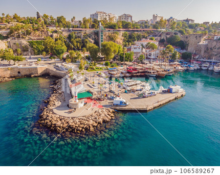View of old Antalya from a drone or bird's eye view. This is the area of the old city and the old harbor 106589267