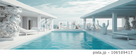 Design house - modern villa with open plan living and private bedroom wing. Large terrace with privacy and, swimming pool. Generative AI. 106589417
