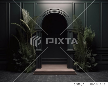 Green door and growing ,caring of plants in garden concept in plain Light background with copy space. 3D rendering for picture frame backgrounds. AI Generative. 106589463