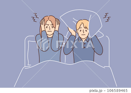 Man and woman suffering from insomnia sit in bed and cover ears with pillow due to noisy neighbors 106589465