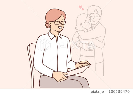 Woman family psychologist sits near embracing couple, after session of joint psychotherapy Woman family psychologist sits near embracing couple, after session of joint psychotherapy 106589470