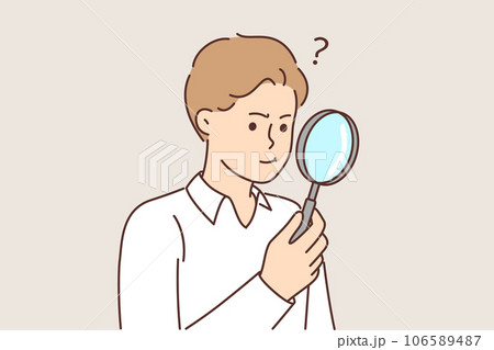 Man with magnifying glass works as private detective and tries to find small clues with loupe 106589487