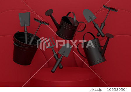 Garden equipment and supply on podium on monochrome background. 106589504