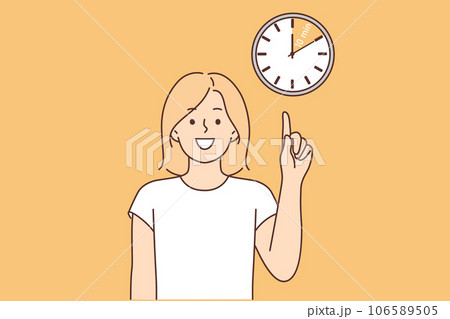 Woman points finger at clock, reminding of break and desire to have time to rest in 10 minutes Woman points finger at clock, reminding of break and desire to have time to rest in 10 minutes 106589505