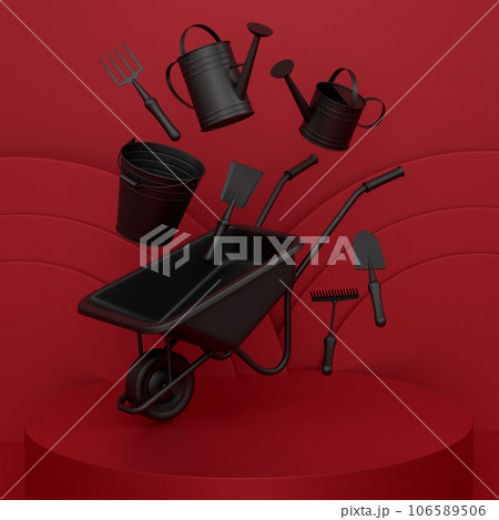 Garden equipment and supply on podium on monochrome background. 106589506