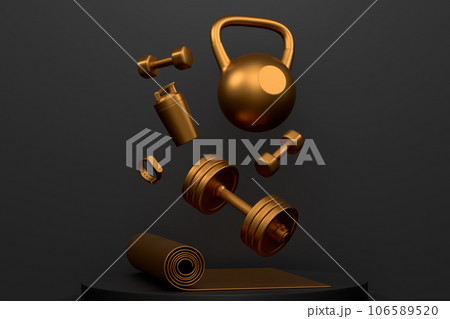 Sport equipment for fitness on podium on monochrome background. Sport equipment for fitness on podium on monochrome background. 106589520
