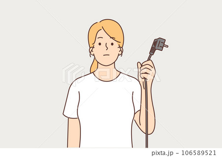 Woman is holding cord from electrical equipment with euro socket due to lack of electricity Woman is holding cord from electrical equipment with euro socket due to lack of electricity 106589521
