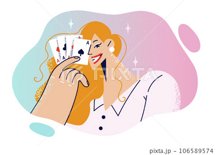 Woman poker player holds combination of four of aces, bringing playing cards to face Woman poker player holds combination of four of aces, bringing playing cards to face 106589574
