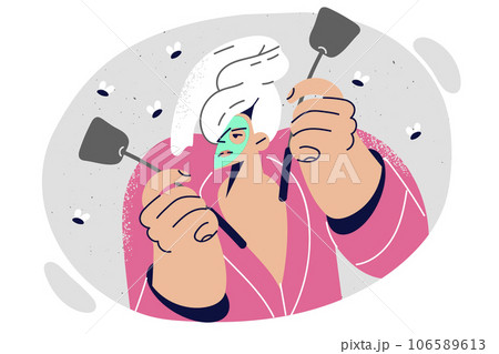 Woman holds two swatters for hunting flies and mosquitoes, dressed in bathrobe and towel to dry hair 106589613