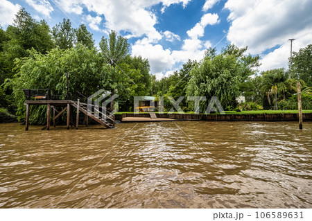 Boat tour on the Parana Delta, Tigre, Buenos Aires, Argentina. Palm trees, construction site of modern brick house. 106589631